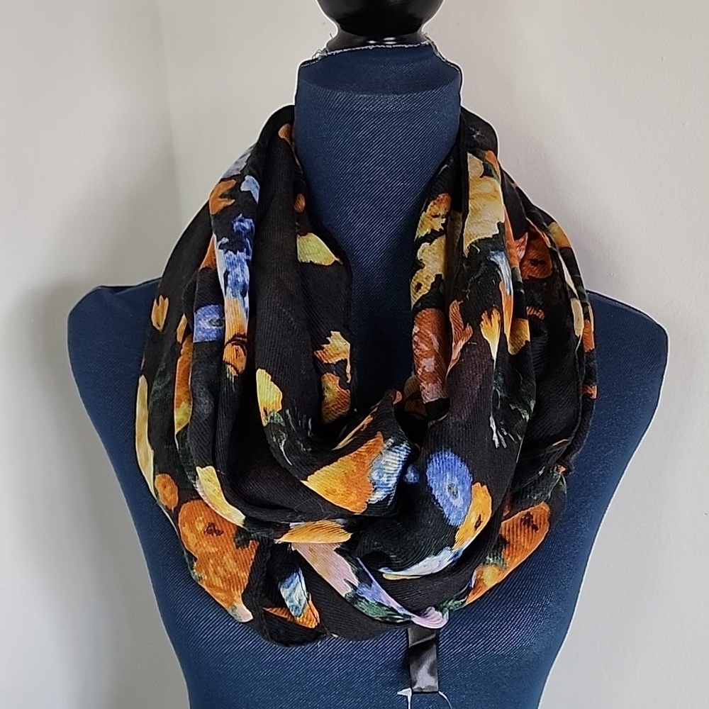 Wide Black and Floral Infinity Scarf NWT